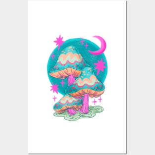 Trippy Mushroom and Moon Drawing Posters and Art